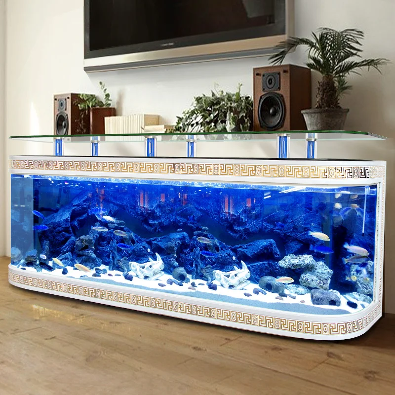 Large Transparent Glass Round Eco-Friendly Aquarium with LED Lighting for Living Room TV Stand Table Display