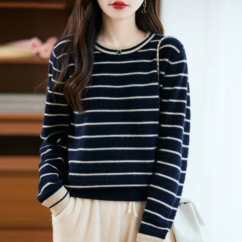

100% Wool Women's Sweater Long Sleeve Striped Pullover, Warm Winter Knitwear Korean Fashion Basic