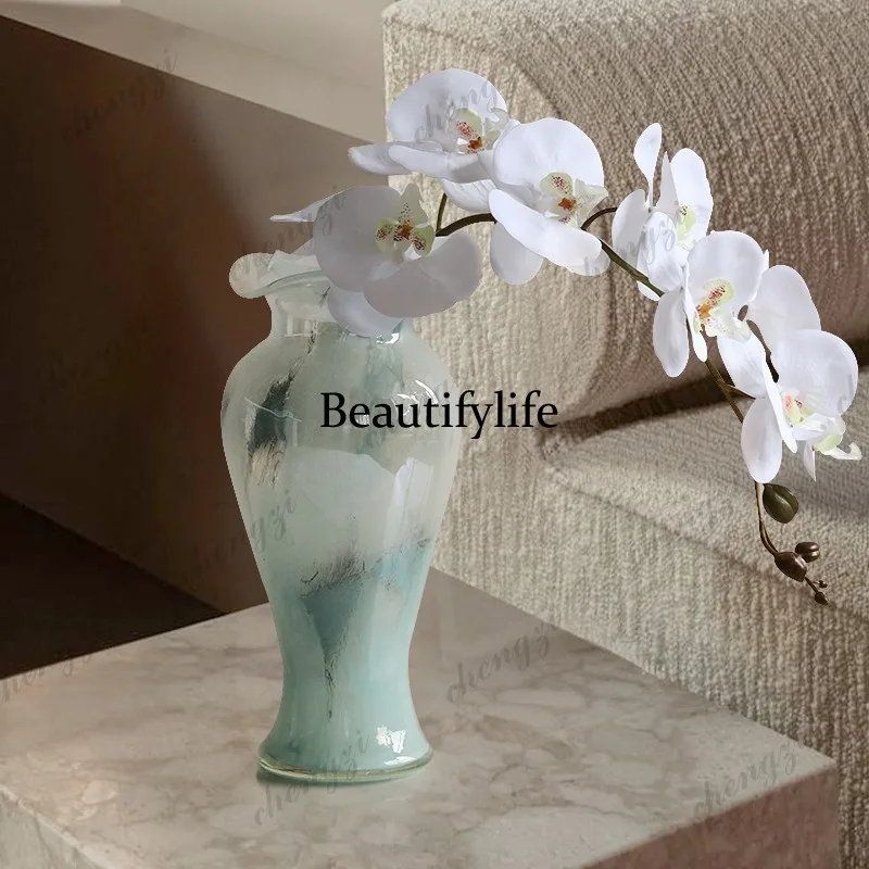 Chinese style, lotus leaf edge glass vase ornament, high-end home living room light luxury flower ware