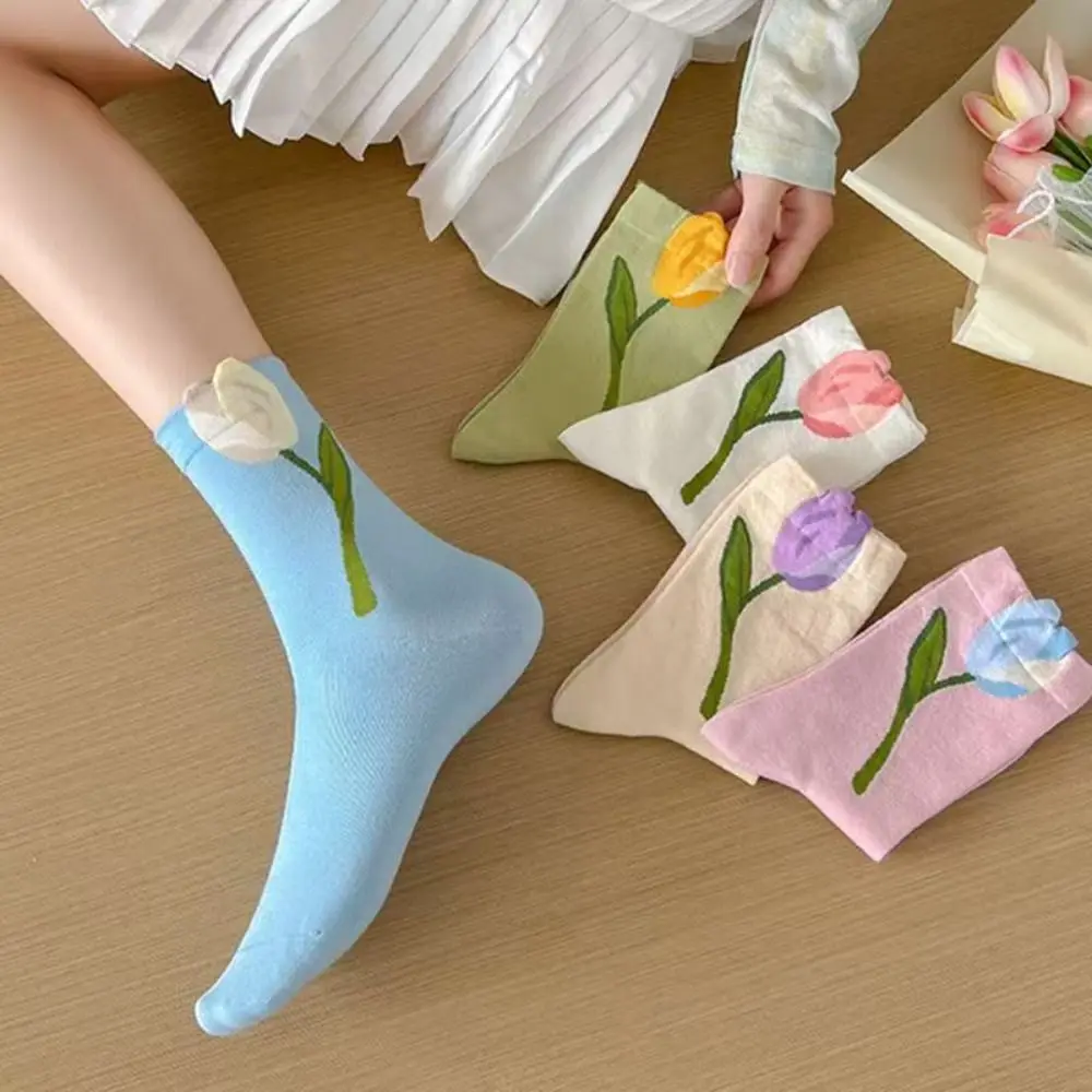 5Pairs Fashion Thin Tulip Flower Socks Breathable Female Hosiery Mid Tube Socks Sweet Socks for Women Girl