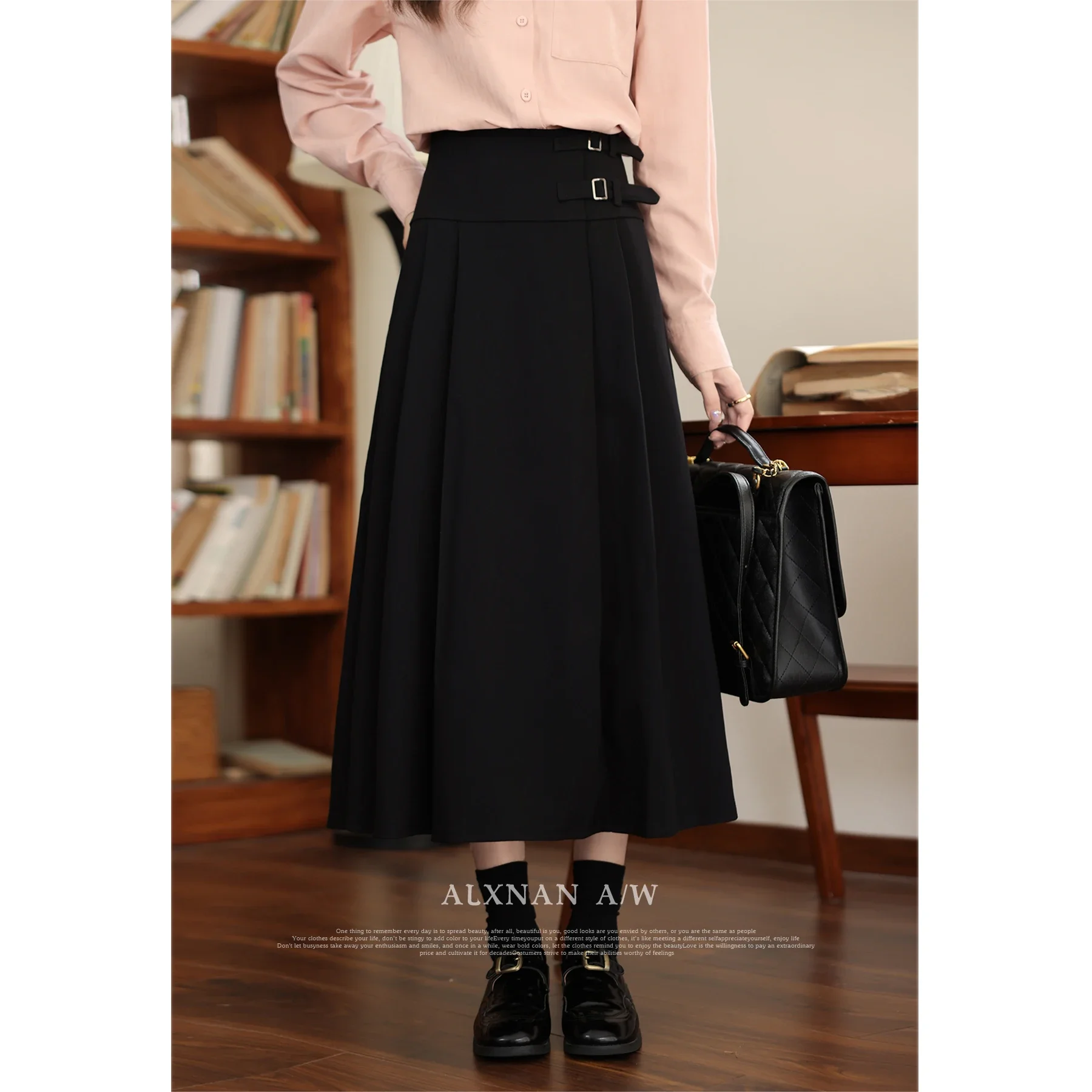 ALXNAN Herben Style Black Skirts for Women Classic A-line Elastic Waist Pleated Midi Skirt 2024 Autumn Winter Bottoms LXN31857