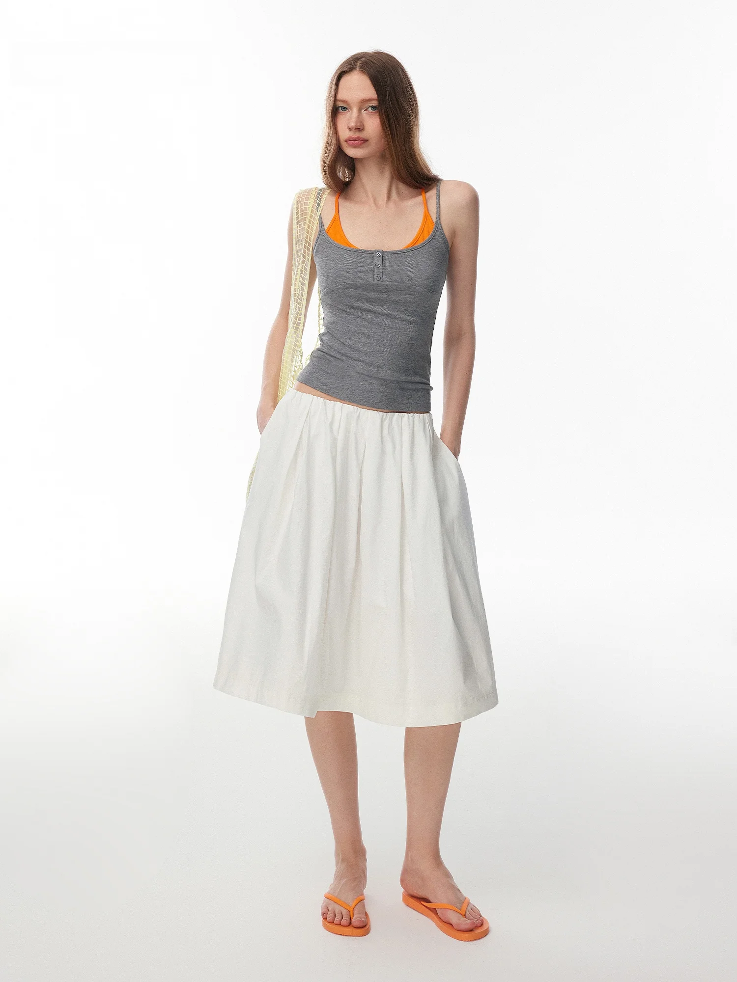 

Elegant Knee-Length Puffy Skirt Women's Hip Concealing Elastic Waist Pleated Umbrella Skirt Cotton Casual Commute Dress