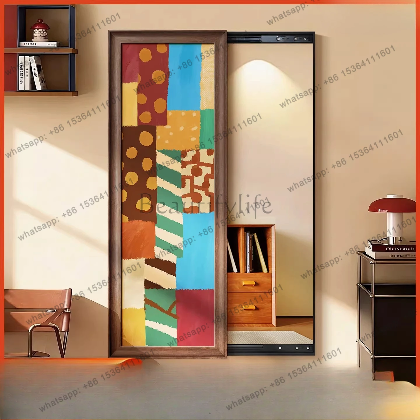 Hidden full-length mirror walnut push-pull closure invisible hidden dressing mirror decorative painting