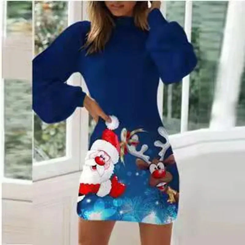 Vintage Christmas Printing Hoodies Dress For Women Fashion Elegant Half High Collar Lantern Long Sleeve Party Dresses Vestidos