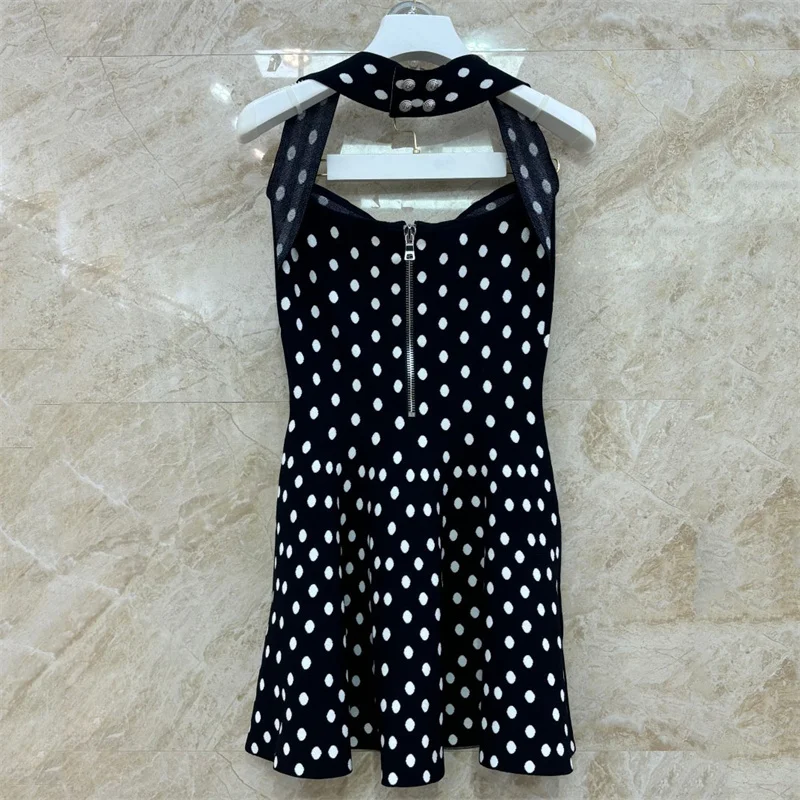 Womens dresses 2024 Summer New Dot Print Hanging Neck Dress Elastic knitted slim sleeveless mini skirt Metal button Long dress