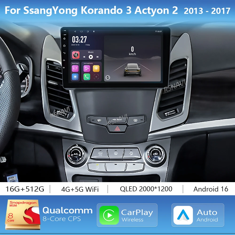 Radio Multimedia para Auto con Android 16 y Carplay para SsangYong Korando 3 Actyon 2 2013-2017, Unidad Principal con Bluetooth, GPS, Video, DVD, Autoradio, Estéreo