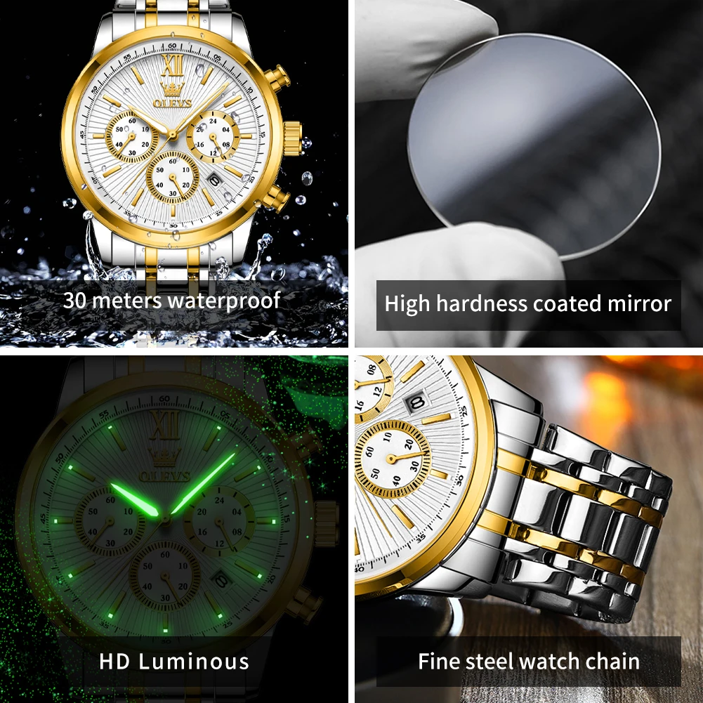 OLEVS TY709 Men\'s Watches Classics Three Small Dial Waterproof Stainless Steel Luminous Fashion Original Quartz Watch for Man