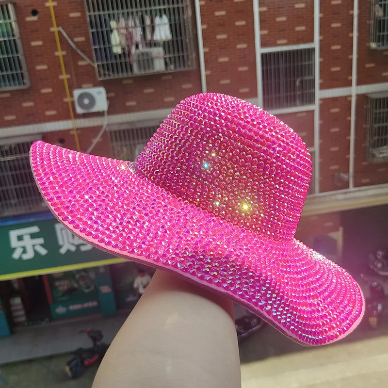 new Colorful Rhinestone dome fedora Hat Women Party Hat Sparkle Hat big brim fedora lady special caps Hepburn sombrero mujer