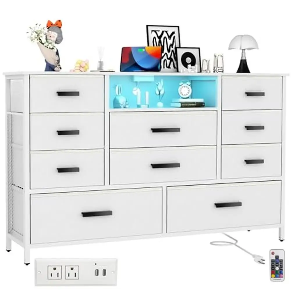 

Bedroom Dresser 10 Drawers LED Light Charging Station Fabric 47.2"x11.8"x30.7" White