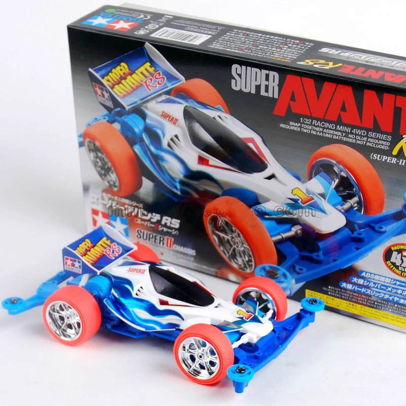 TAMIYA Mini 4WD Racer S2 Chassis Super Avante RS Plated Wheel Orange Tire w Single Sahft Motor Blue 18065 1/32 Racing Car Model