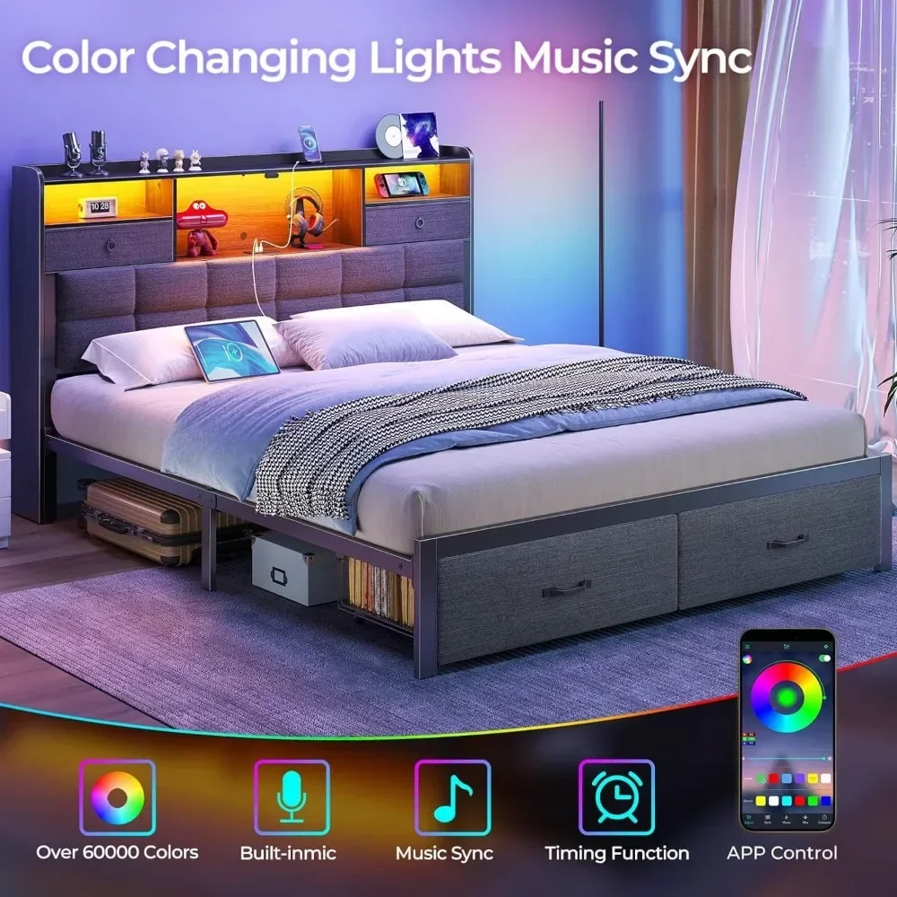 Bed Frame King Size with Drawers and Charging Station, Upholstered Platform Bed with Storage Headboard and LED Light