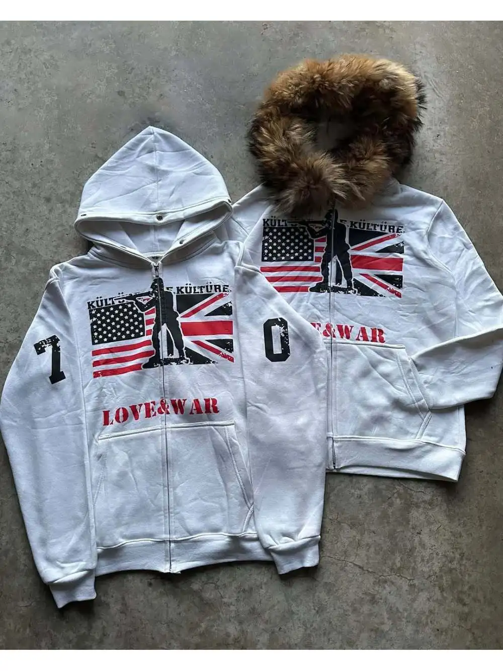 American street ins style, detachable design with fur collar splicing decoration, printed pattern, unisex, zipper hooded sweater