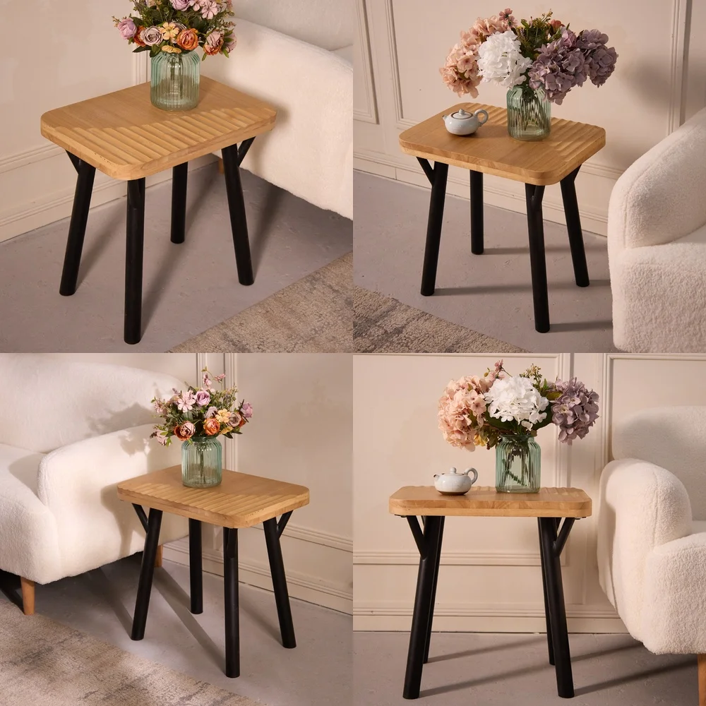 Rubber Wood Solid Wood Wrought Iron Square Side Table for Living Room Sofa Side Table for Nordic Light Luxury Retro Engraving
