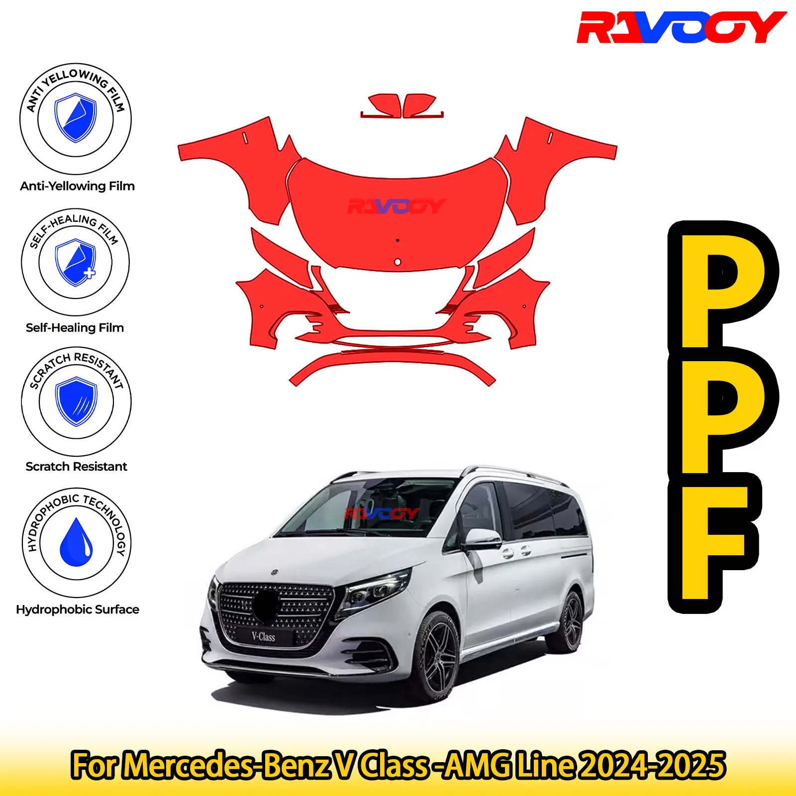 

For Mercedes-Benz V Class -AMG Line 2024-2025 Glossy Matte Black Precut front PPF Kit Paint Protection Film