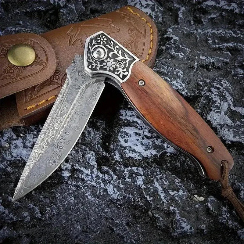 High Hardness Folding Knife Damascus Steel Blade Rosewood Handle Pocket Knife Outdoor EDC Survival Hunting Camping Hiking Tool