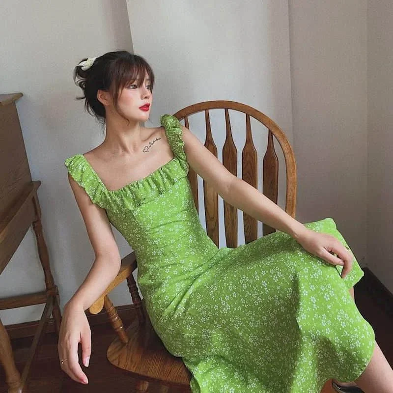 Women Dresses Sleeveless  Green Floral Square Neck Slip Dress Korean Style Tight Sexy Backless Mid-calf Dress for Women Clothing