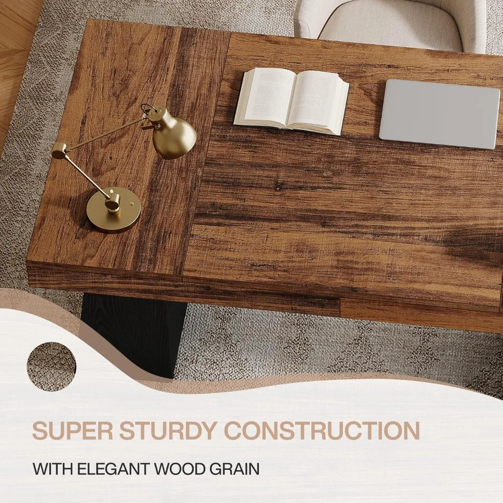 مكتب تنفيذي خشبي حديث بقاعدة مزدوجة، 55 طاولة كتابة كمبيوتر للمكتب المنزلي بتصميم بسيط #6