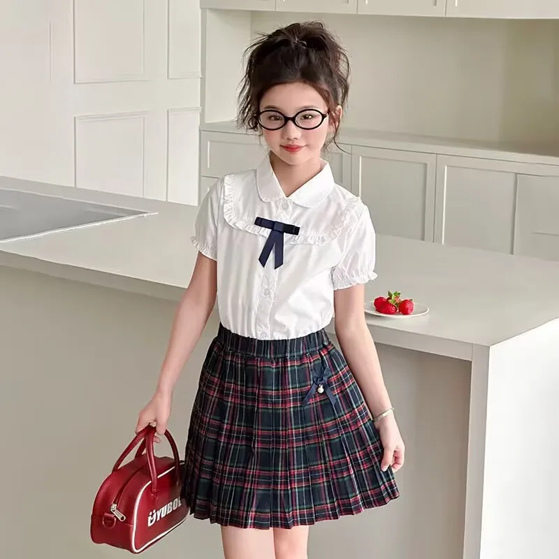 2026 new summer children set teenager Girls Clothes lace bow blouse shirt + checked JK pleated Skirt 4 8 10 12 Year japan korea