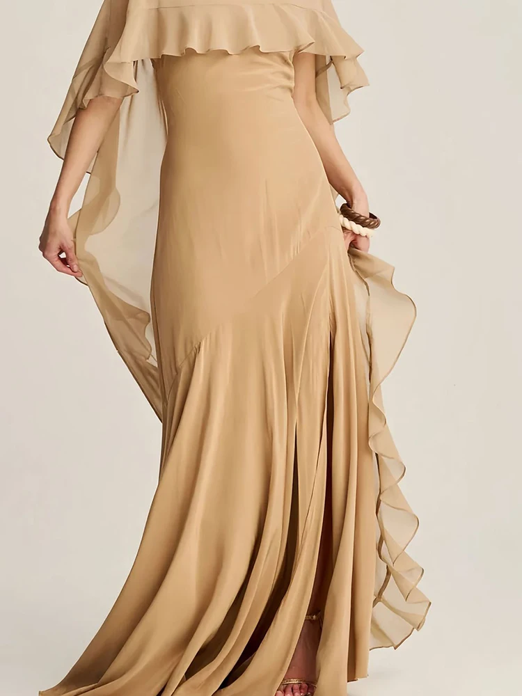 

Fashion V-neck Slim Fit Suspender Dress Casual Women High Waist Split Chiffon Dress High Neck Ruffled Shawl Solid Banquet Dress