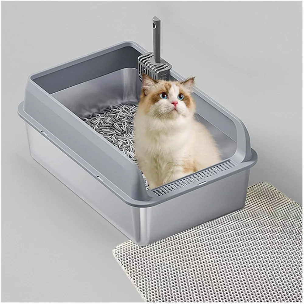 

Metal Litter Box with Anti-Leakage Enclosure, Stainless Steel Large Litter Box Includes Cat Mat and Litter Scoop Solution