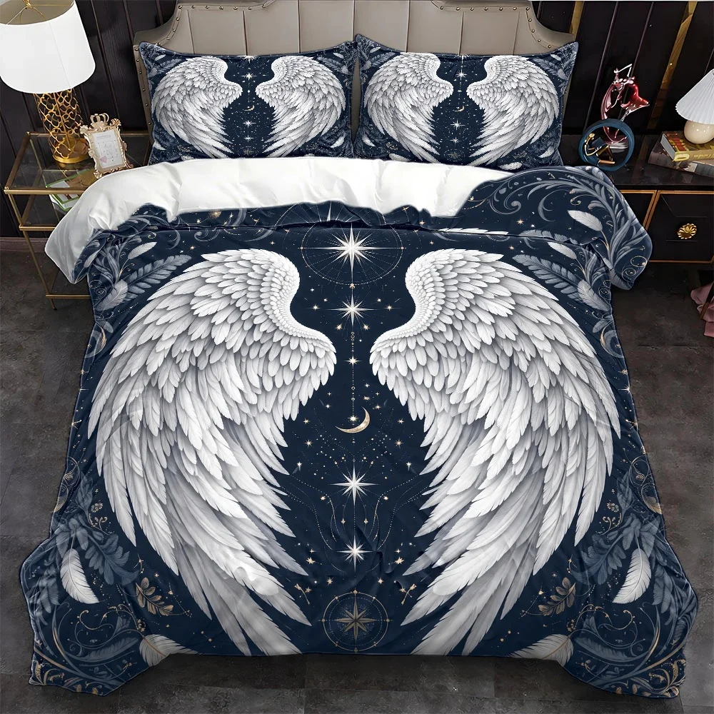 3Pc Dreamy Angel Wings Bedding Set (1*Duvet Cover + 2*Pillowcases), Duvet Cover Set Suitable for All Seasons, Machine Washable, Invisible Zipper Double Bed Cover for Home, Dormitory, Master Bedroom, Guest Room, Large Duvet Cover Set, Ins-Style Starry Sky Wing Bedding Set, Light Luxury Retro Starry Floral Bedding Set, Comfortable and Skin-Friendly Hot-Selling Bedding Set, 2D Flat Print