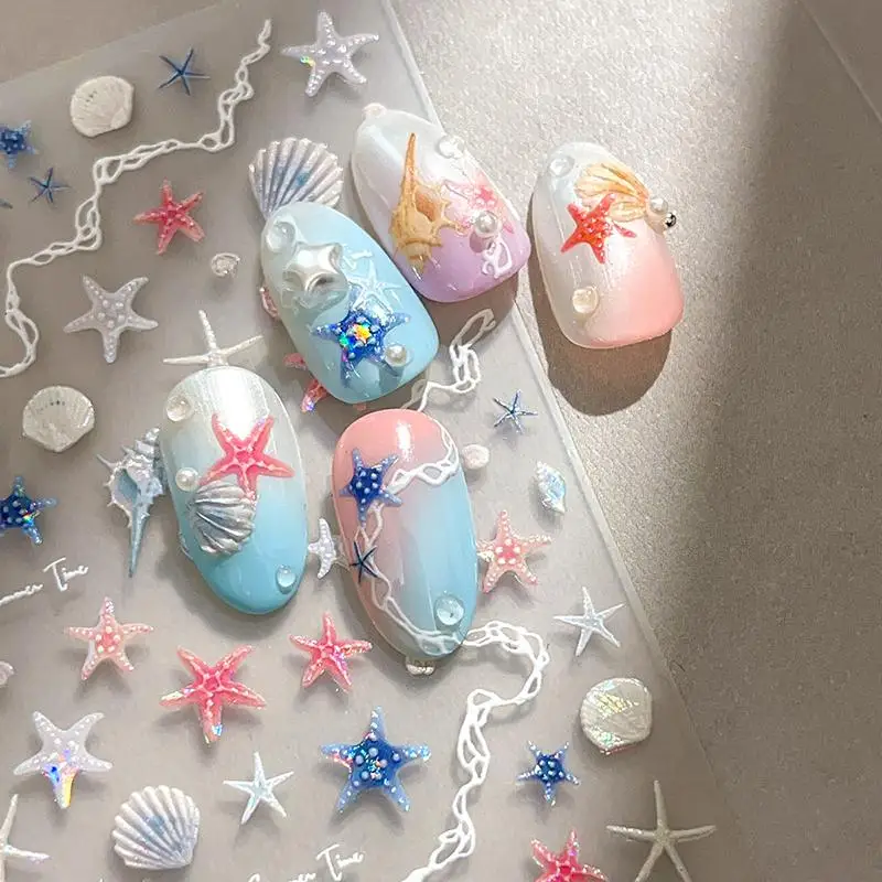 

New 1 Sheet 5D Summer Seashell Nail Sticker Shiny Embossed Starfish Nails Stickers Summer Beach Sea Conch Nail Decals Decoration