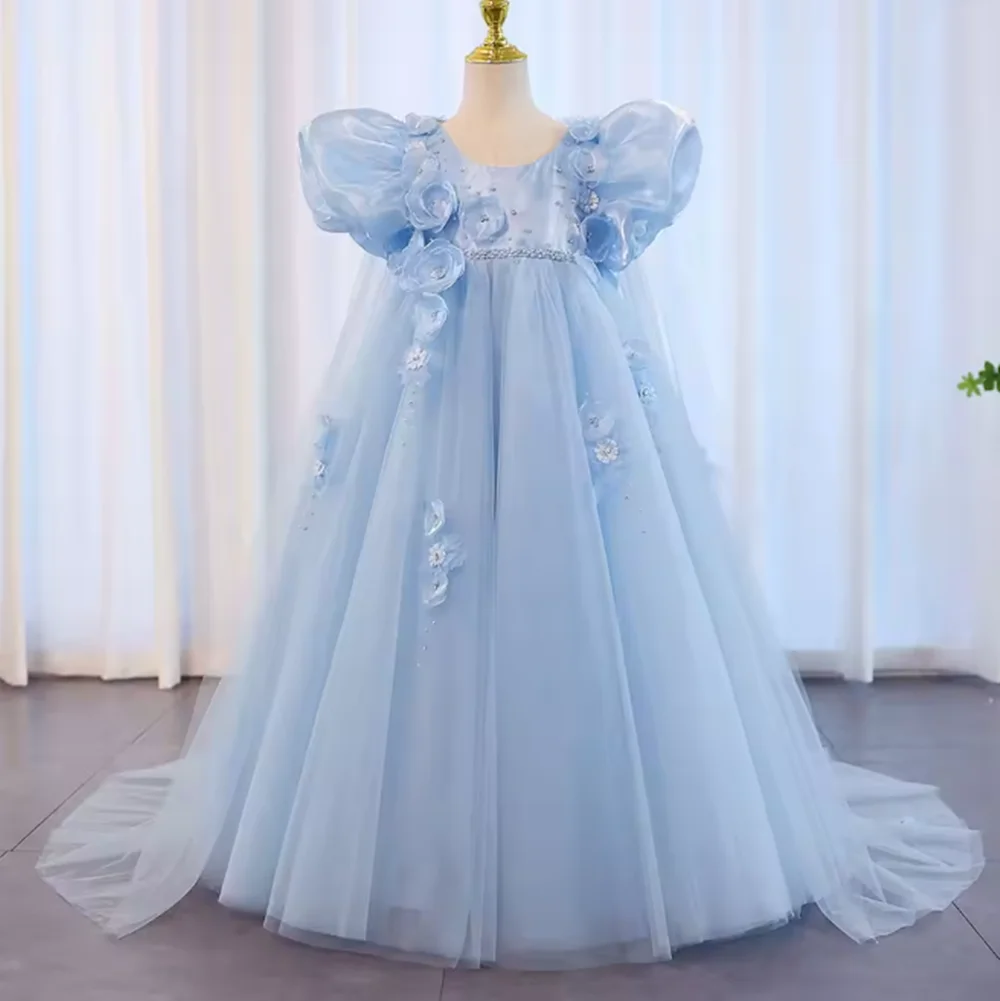 

customize Sky Blue Arabic Flower Girl Dresses Crystal with Cape 3D Flowers Puff Sleeves for Kids Wedding Birthday Party