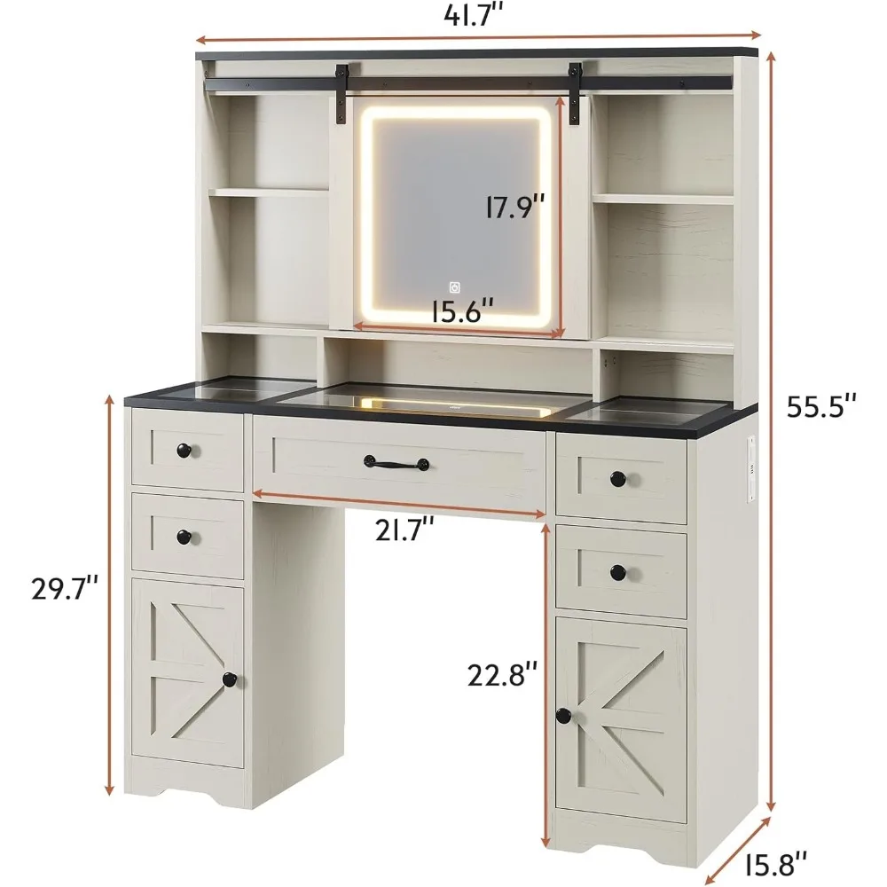 Vanity Desk with Sliding Mirror and Lights, Large Makeup Vanity with Glass Top & Charging Station, Vanity Table Antique White image 6