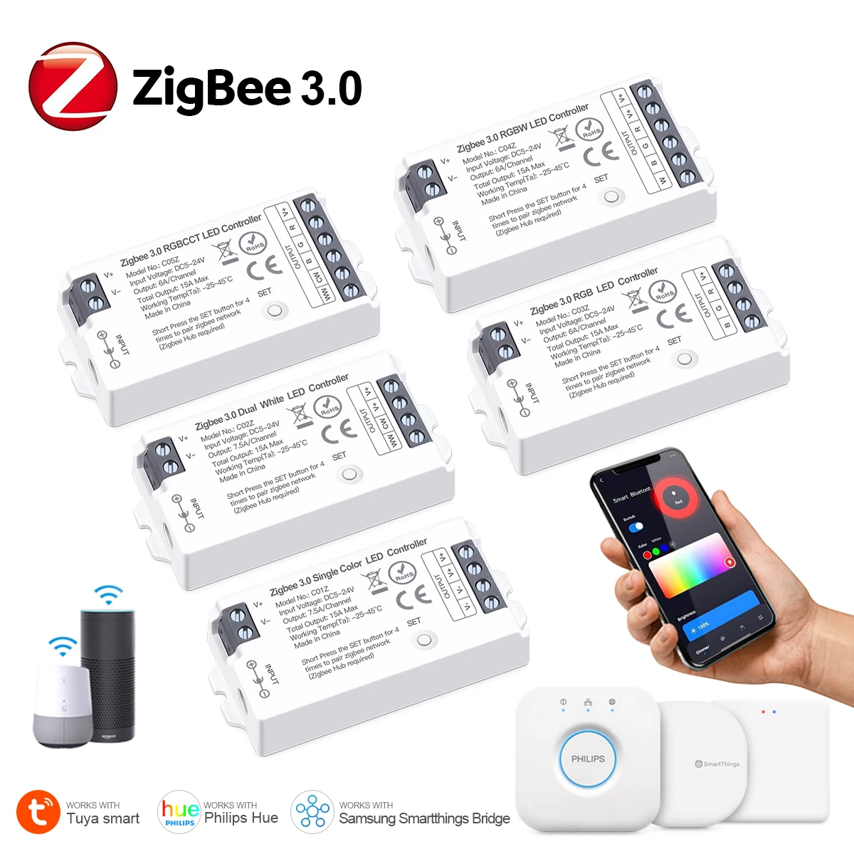 Controlador Led RGB Zigbee 3,0 para hogar inteligente, controlador de tira LED RGBCCT regulable, interruptor Wifi para atenuador de cinta Led de neón COB 5050/2835