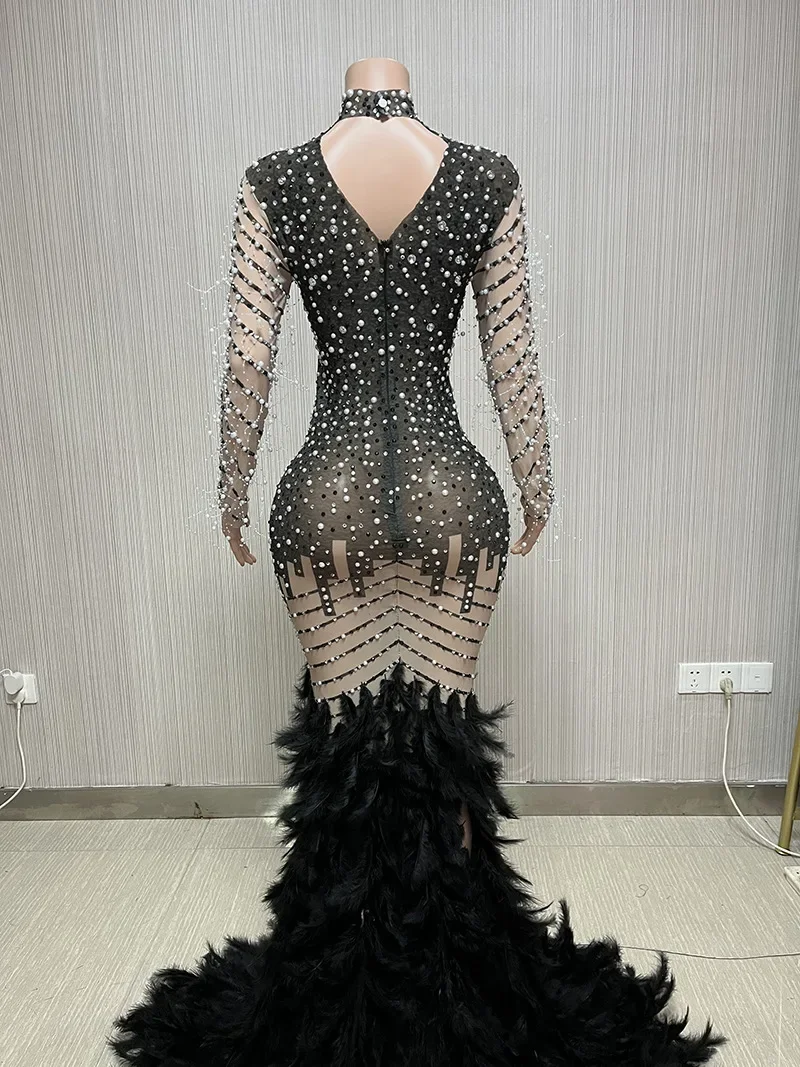 Long sleeved Sparkling Silver Transparent Feather Long Dress Celebrates Luxury Costume Wedding Party Birthday Photography Dress