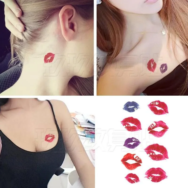 Tatuajes de labios rojos, tatuaje falso de dibujos animados para mujer, tatuaje artístico de Anime, pegatinas de labios de espina de pescado sexis, tatuaje temporal resistente al agua