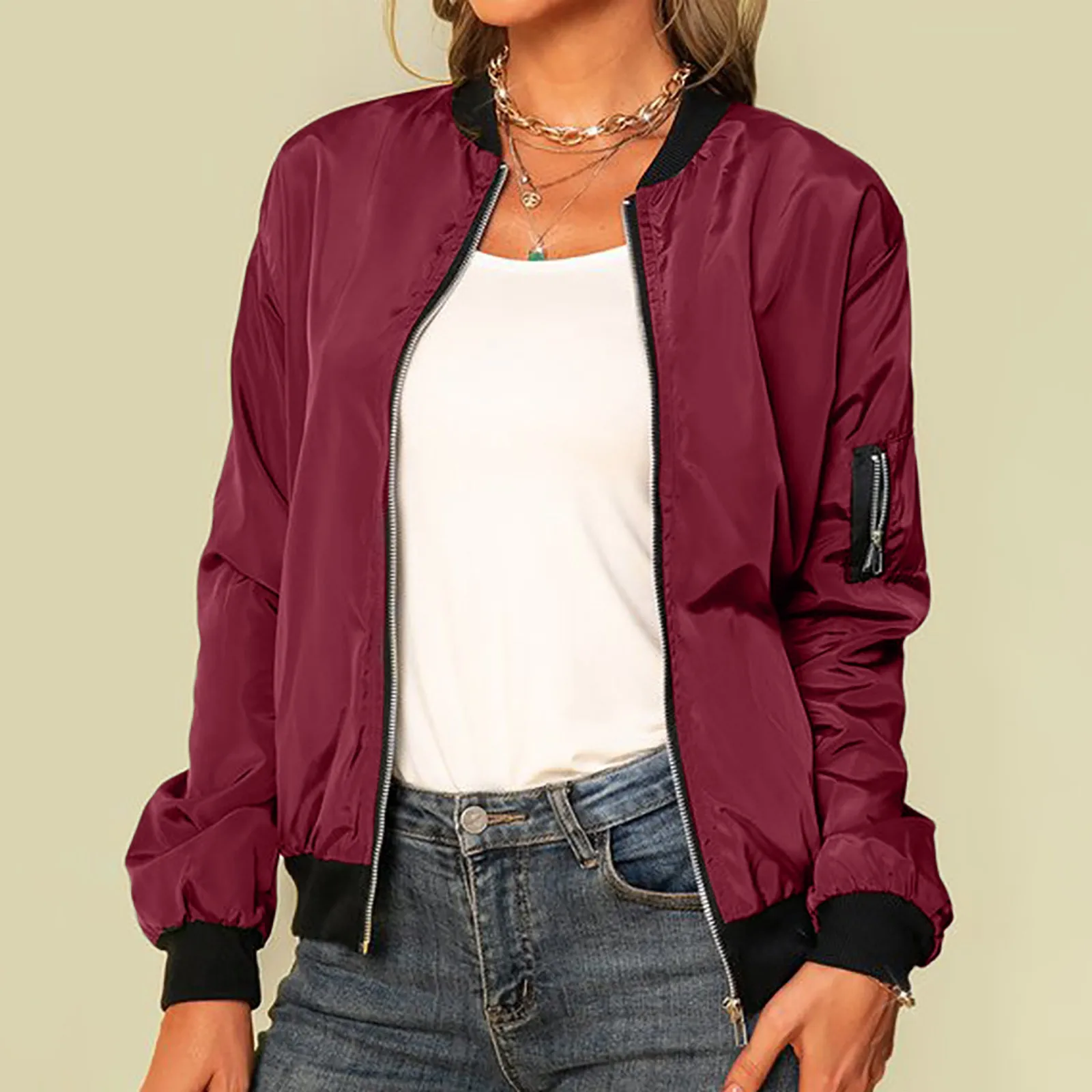 Women Jacket Fashion Solid Color Jackets Zipper Coats Casual With Pockets Blazer Lady Stand Up Collar Mid Length Windproof Tops