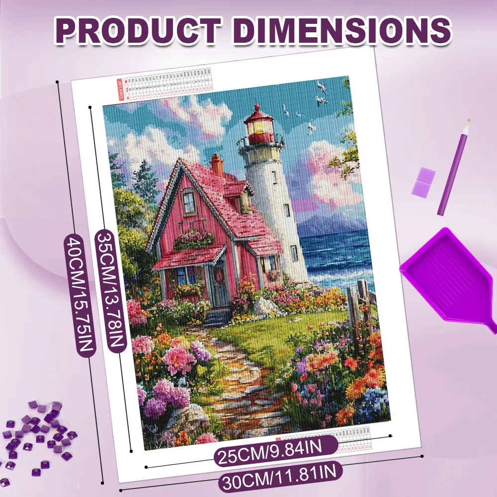 Huacan Full Square Round Drill Diamond Painting Seaside Lighthouse Pink Cabin Diamond Mosaic Landscape Set Home Decoration