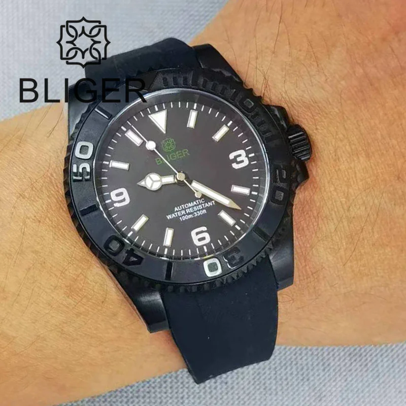 

BLIGER Black Dial 40mm Automatic Watch Men 24 Jewels NH35 PT5000 Date Flat Glass Sapphire Luminous Rubber Strap Ceramics Bezel