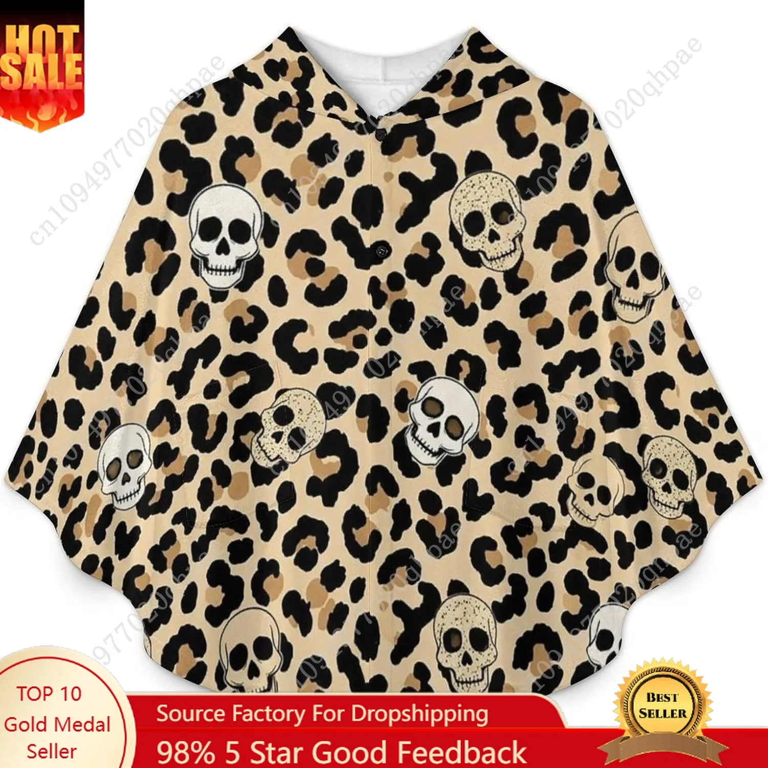 سترة بطانية مريحة من الفلانيل، هوديي كبير الحجم على شكل جماجم الفهد مع جيوب للأطفال والمراهقين #1