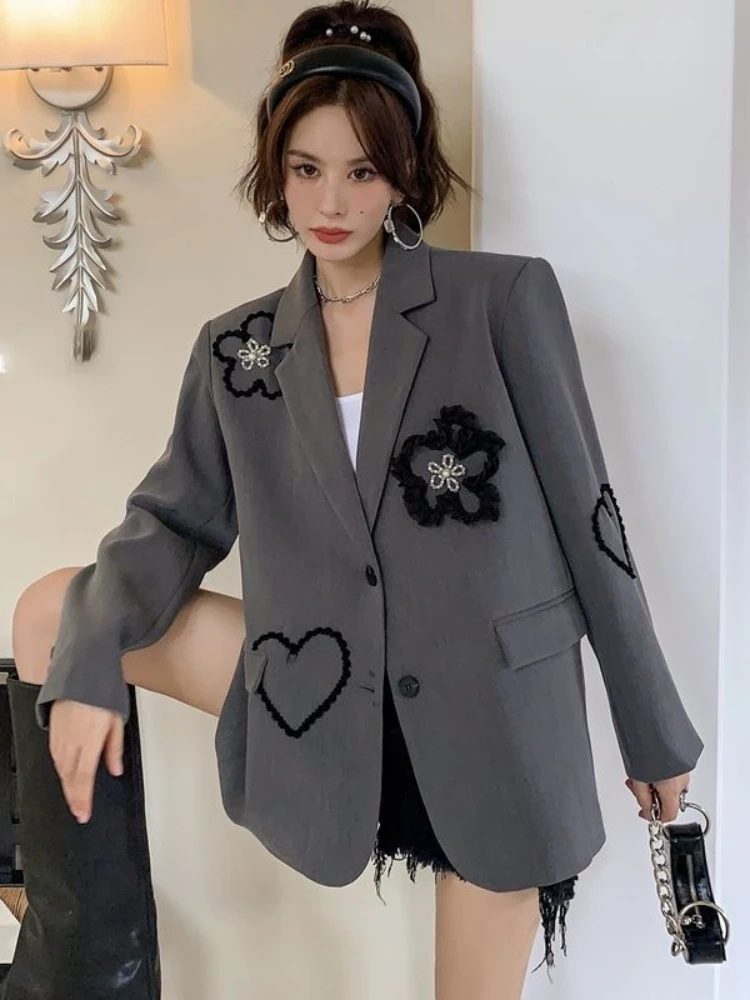 

Flower Embroidery Coats Single Breasted Long Sleeve Casual Loose Blazers Harajuku Spring Autumn All Match Pockets Blazer Women