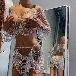 Luxury Rhinestone Body Chain Sexy Women Hollow Top Chest Arm Chain And Tassel Skirt Set Queen Two Pieces Festival Outfits