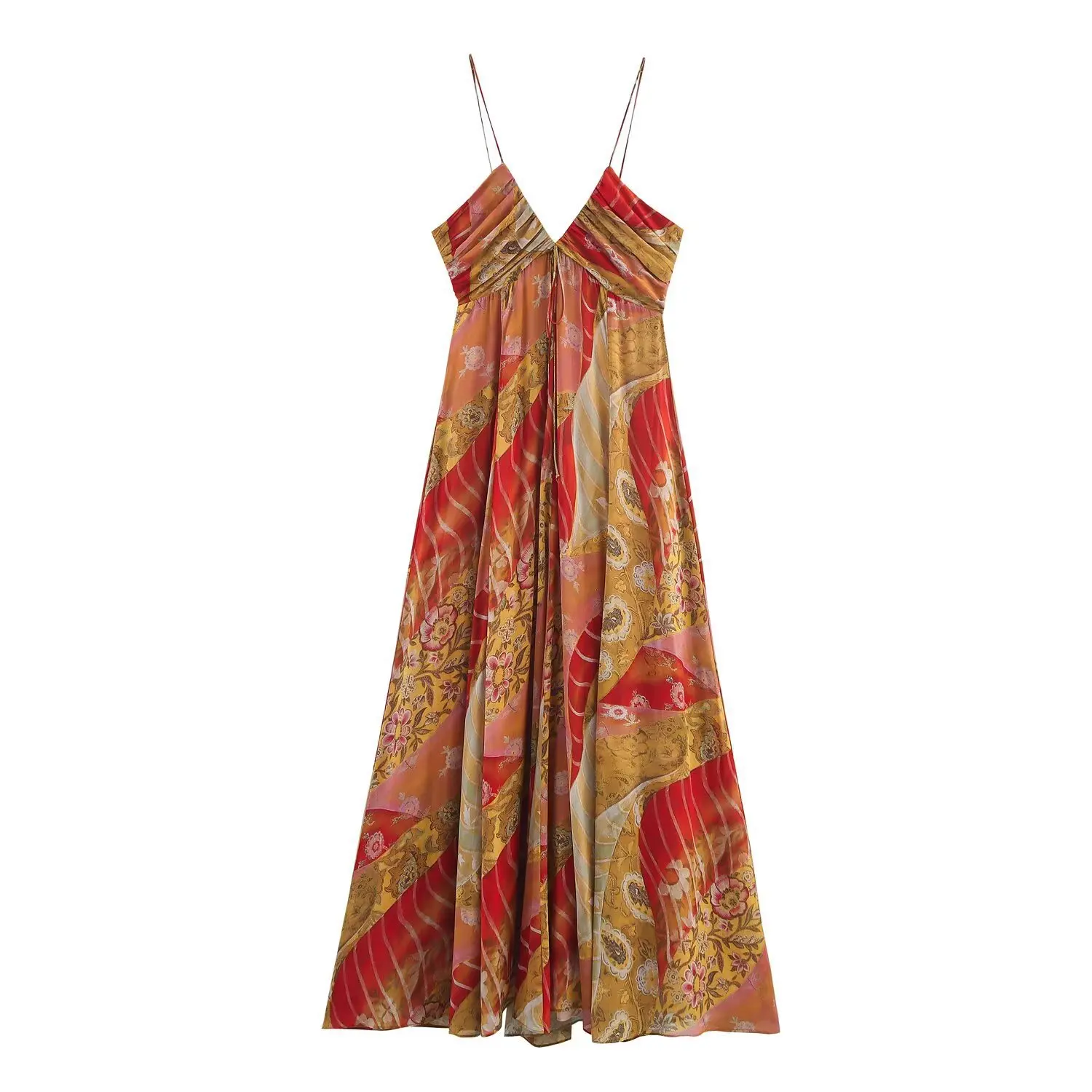 Sommermode für Damen: Neues Trägerkleid mit V-Ausschnitt, bedruckt, plissiert, Patchwork-Blumenmuster, Sommer-Strandkleid QLS2