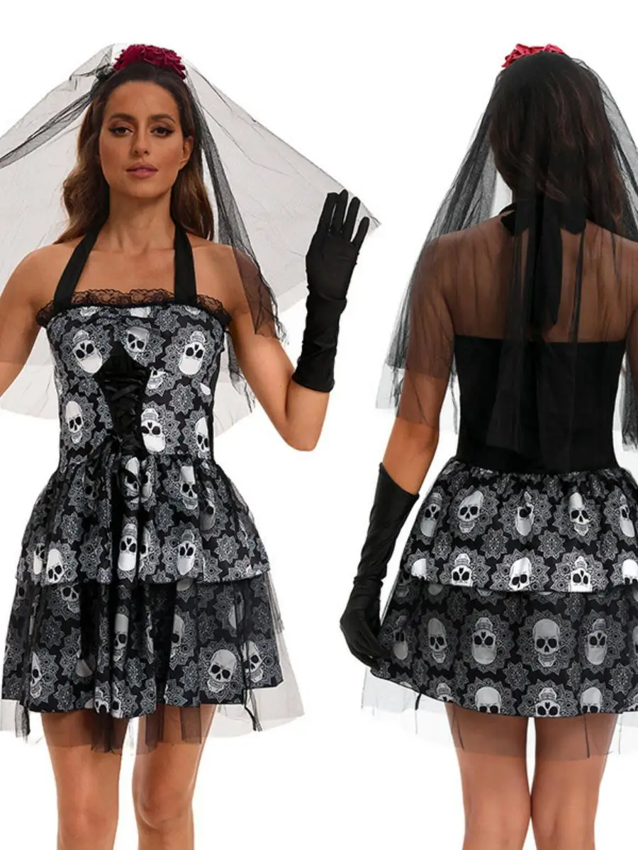 

Women's loween Costume Skeleton Print Dr Ne Hanging Strap Role-plang Terror Ghost Bride Outfit Traditional Ethnic S...