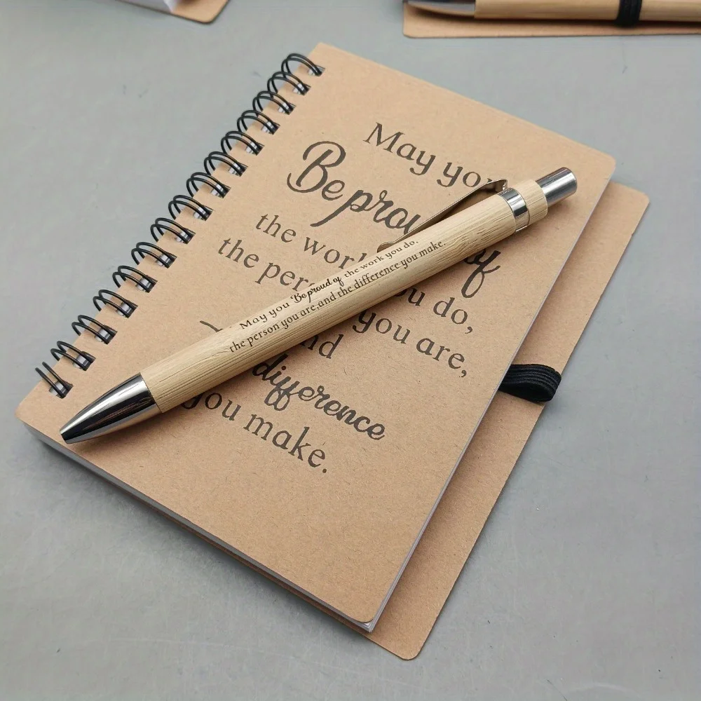 Bamboo Press Ballpoint Pen Set with Inspirational Quote Notebook Gift for Students Office Motivational Writing Tools