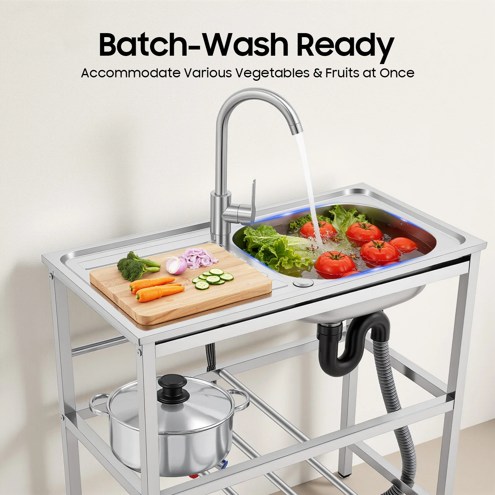 Stainless Steel Sink with Faucet, Freestanding Kitchen Sink for Garden Camping Outdoor, with Storage Rack & Adjustable Feet