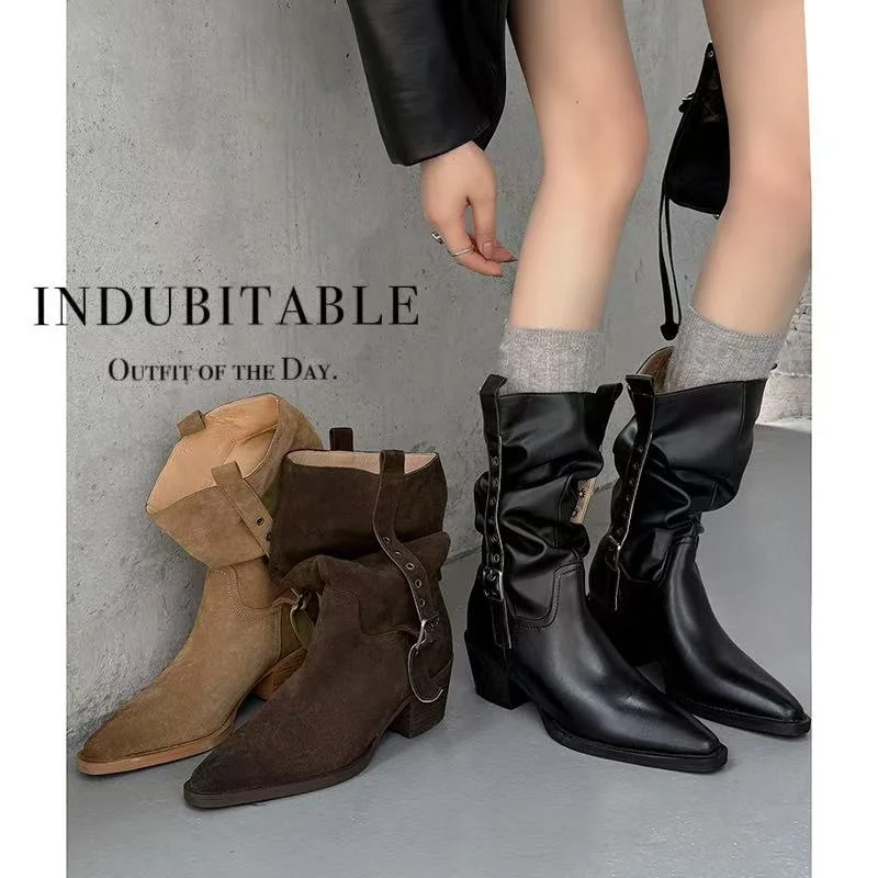 

2026 осенне-зимние женские ботильоны 22-25 см, цвет кисти, коровья замша/воловья кожа, квадратный носок, ремень с пряжкой, сапоги в стиле вестерн, нагровые сапоги