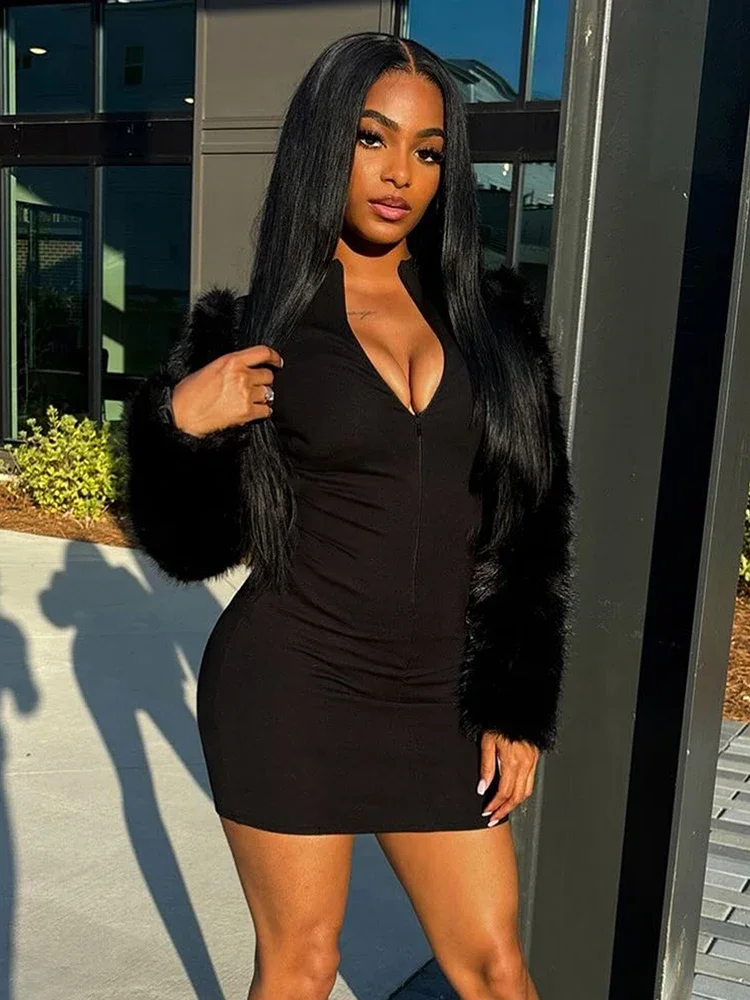 Leosoxs الفاخرة البريدي فستان المرأة الخريف الاتجاه تمتد نحيل المرقعة الفراء كم كامل بسيط حفلة عيد ميلاد الخوخ الورك Bodycon