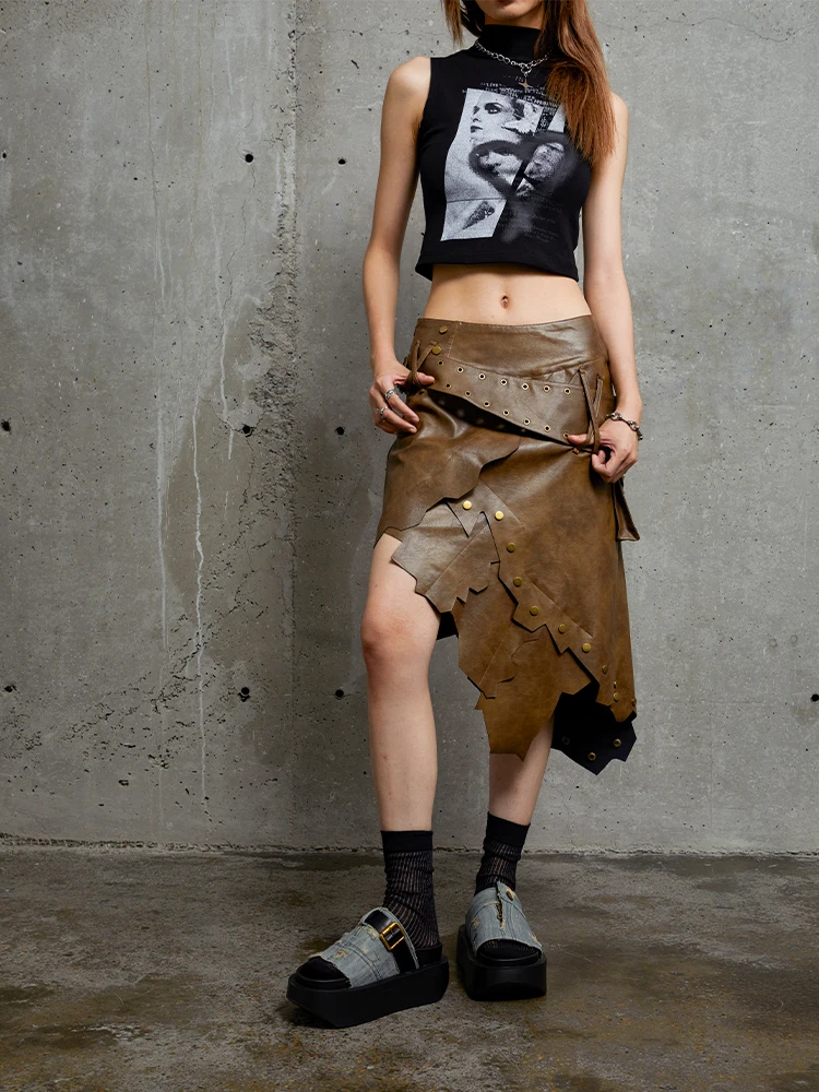 

Юбка из мытой кожи с асимметричным подолом и высокой талией для женщин, в уличном стиле, ретро, американский винтаж, короткая, осенняя коллекция