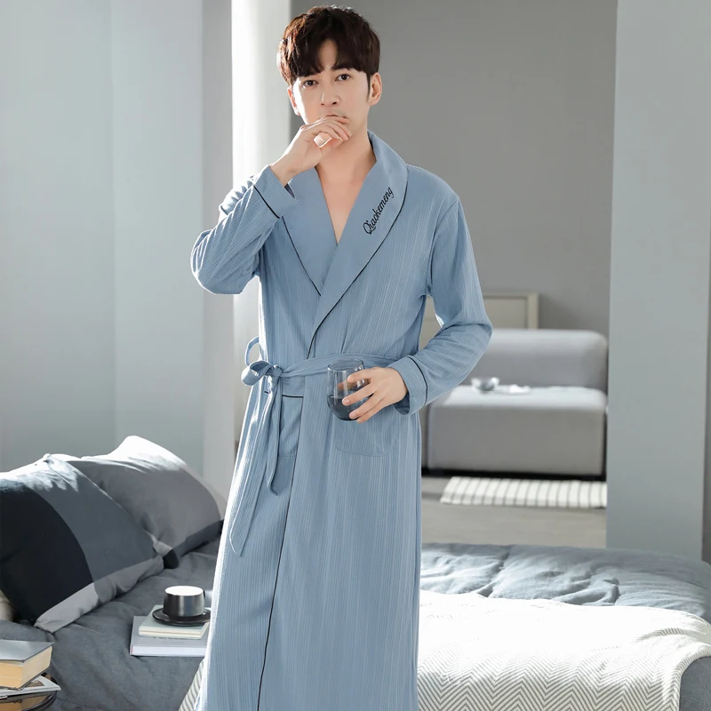 Spring Autumn Cotton Bathrobe For Men Casual Loose 4XL Lapel Robe Fashion Man Solid Letter Men\'s Soft Bath Kimono With Belt