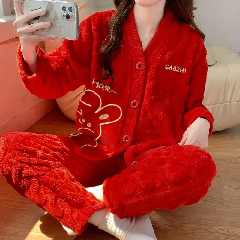 2024 New Fashion Joyous Red Coral Fleece Pajamas New Year's Birthday Gift Sleepwear Women Casual Cute Home Fur Set Outside Wear