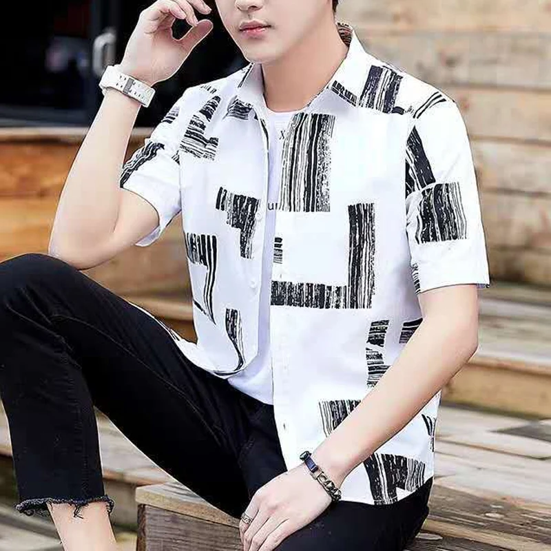 Spring Summer New Turn-down Collar Fashion Long Sleeve Shirt Man High Street Casual Button Cardigan Korean Style Printing Tops