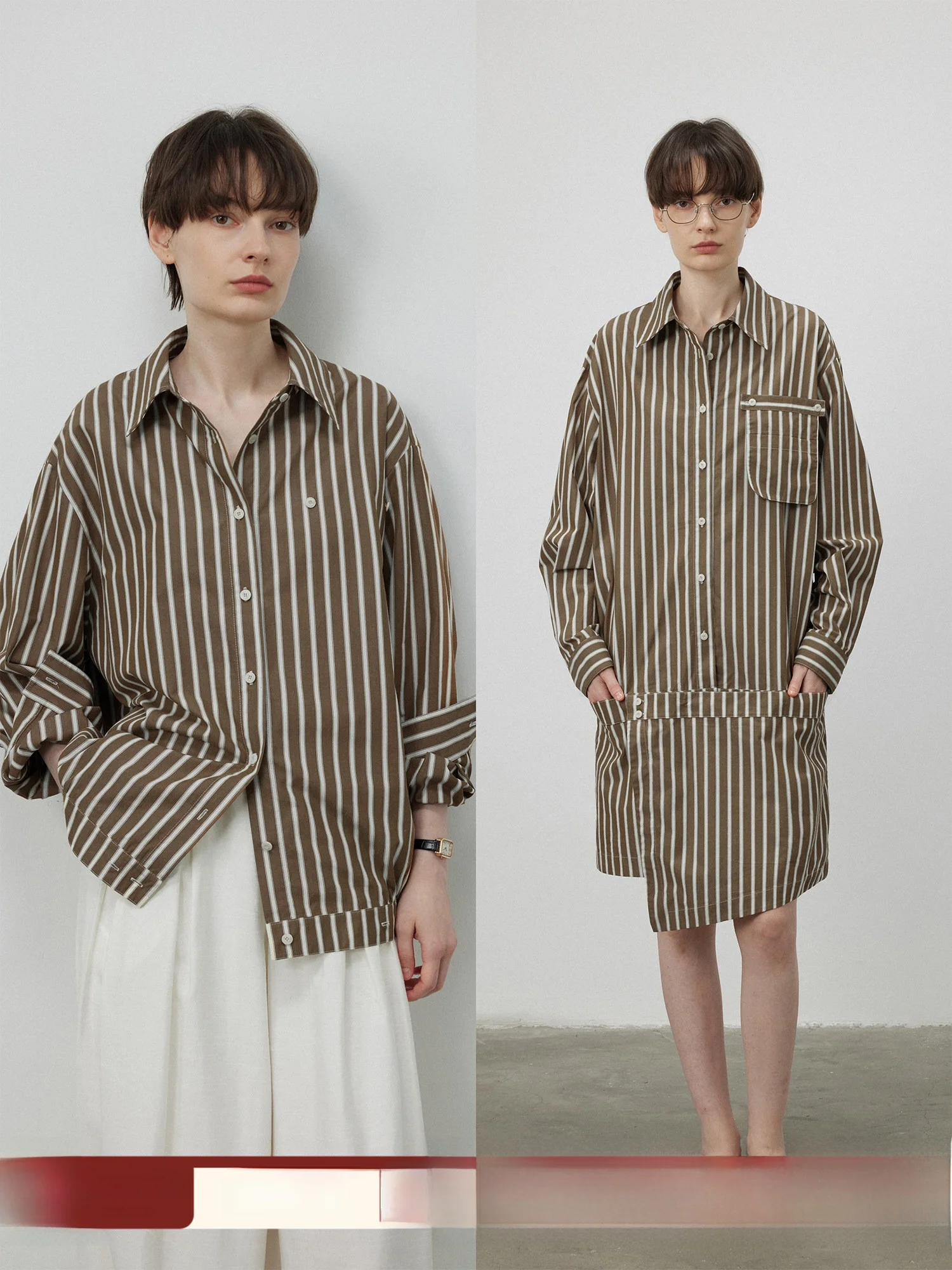 

High-Tead-Cotton Detachable irt Skirt One-Piece Multi-Wear Design Original Design Loose Fit Long Sve Striped Women's S...