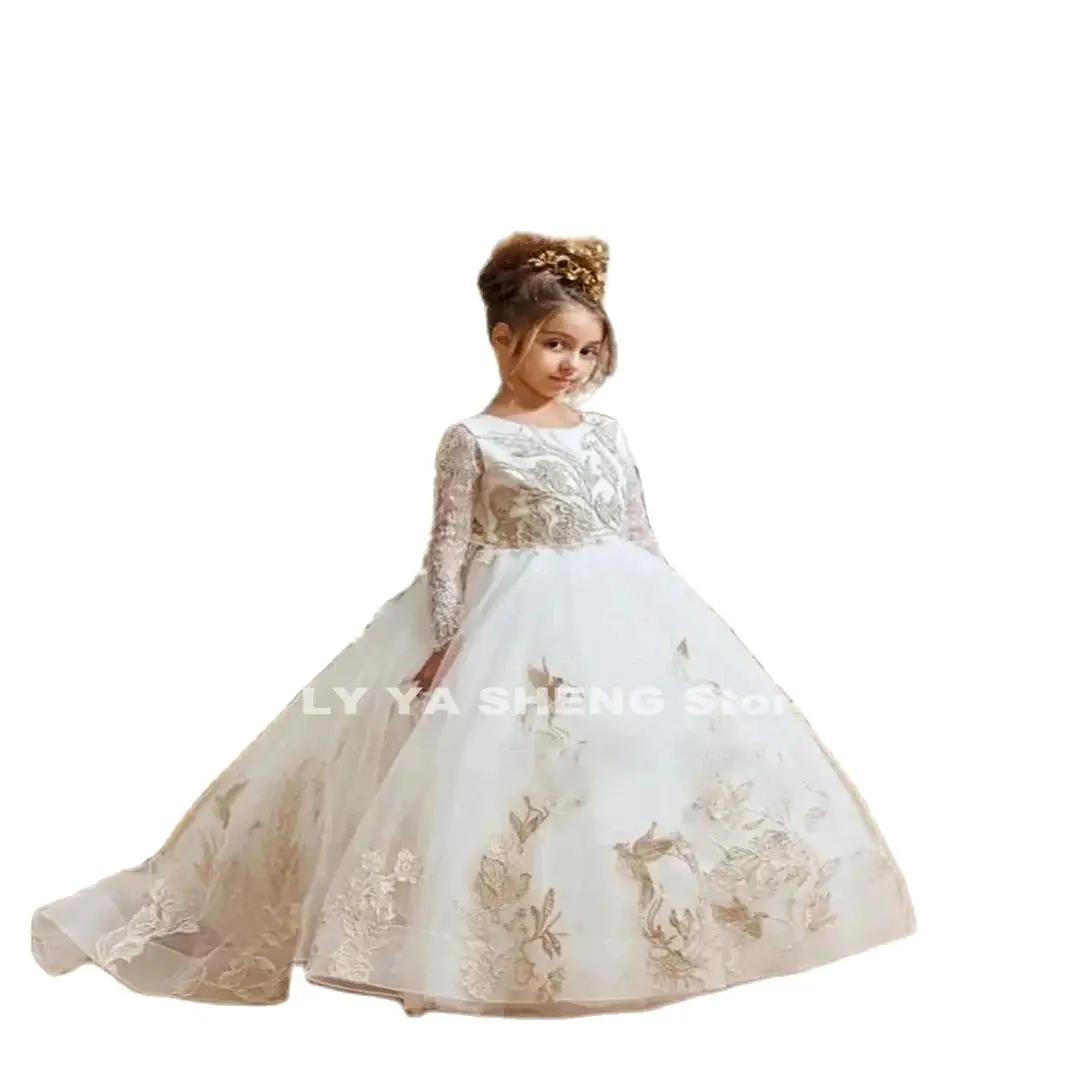 Nuovo abito da ragazza di fiori soffice tulle champagne pizzo matrimonio elegante piccolo fiore bambino prima comunione festa abito da principessa