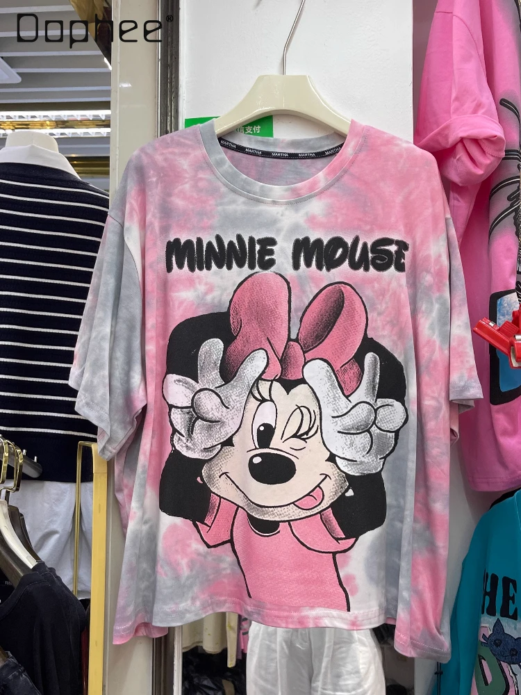 

2025 Spring and Summer New Heavy Industry Tie-dye Printed Letter T-shirt Women Loose Fashion Design Short-sleeved Kawaii Clothes
